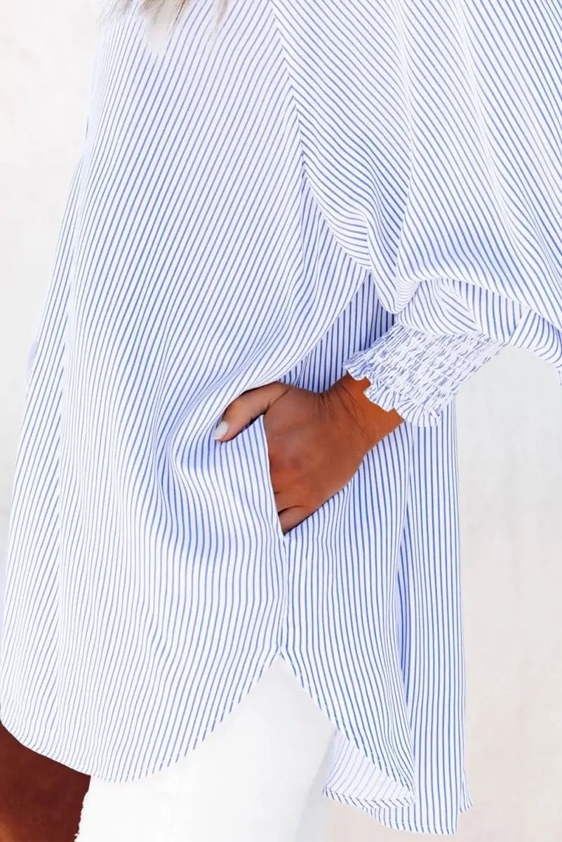 Sky Blue Smocked Cuffed Striped Boyfriend Shirt with Pocket - Love Salve